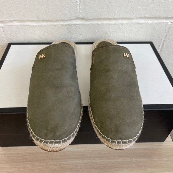 Michael Kors Womens Espadrille Mules MK Logo Green Leather Slip On Size 9 M US - Picture 1 of 9
